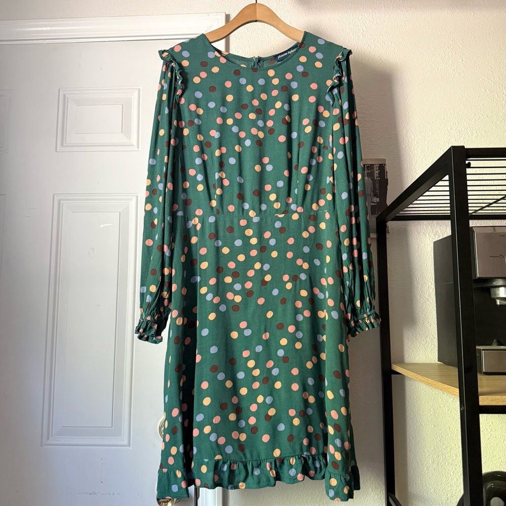 PRINCESS HIGHWAY green polka dot viscose ruffle long puff sleeve midi dress